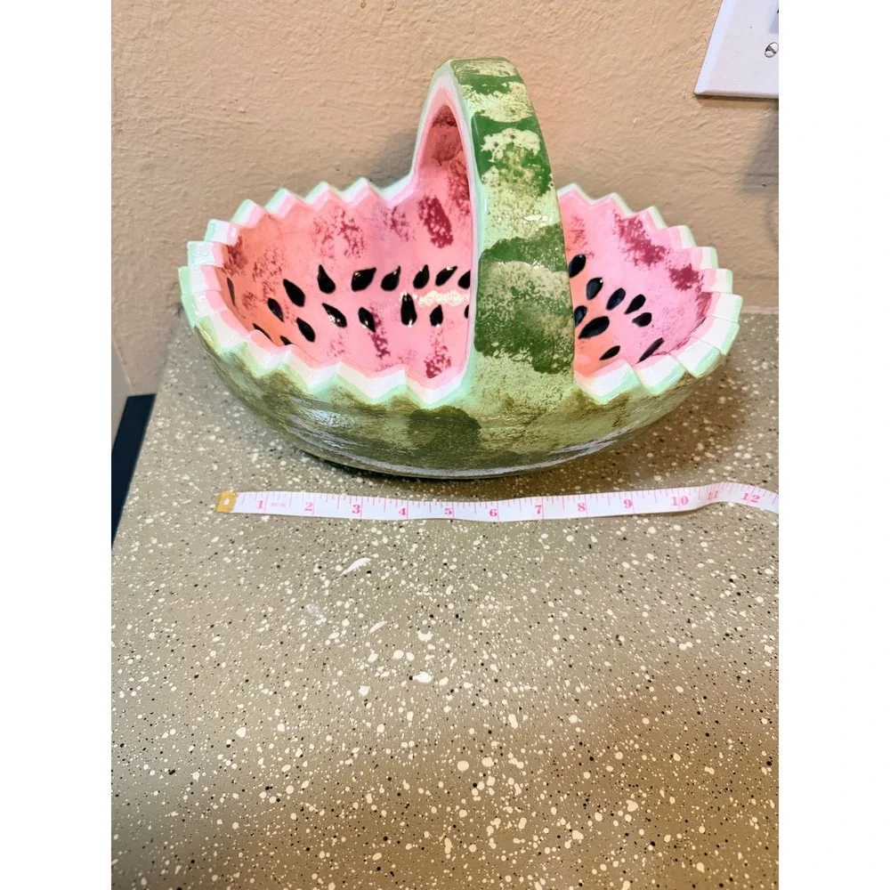 Vintage‎ Watermelon Ceramic Basket Hand Painted Pink Green Fruit Decor 11in